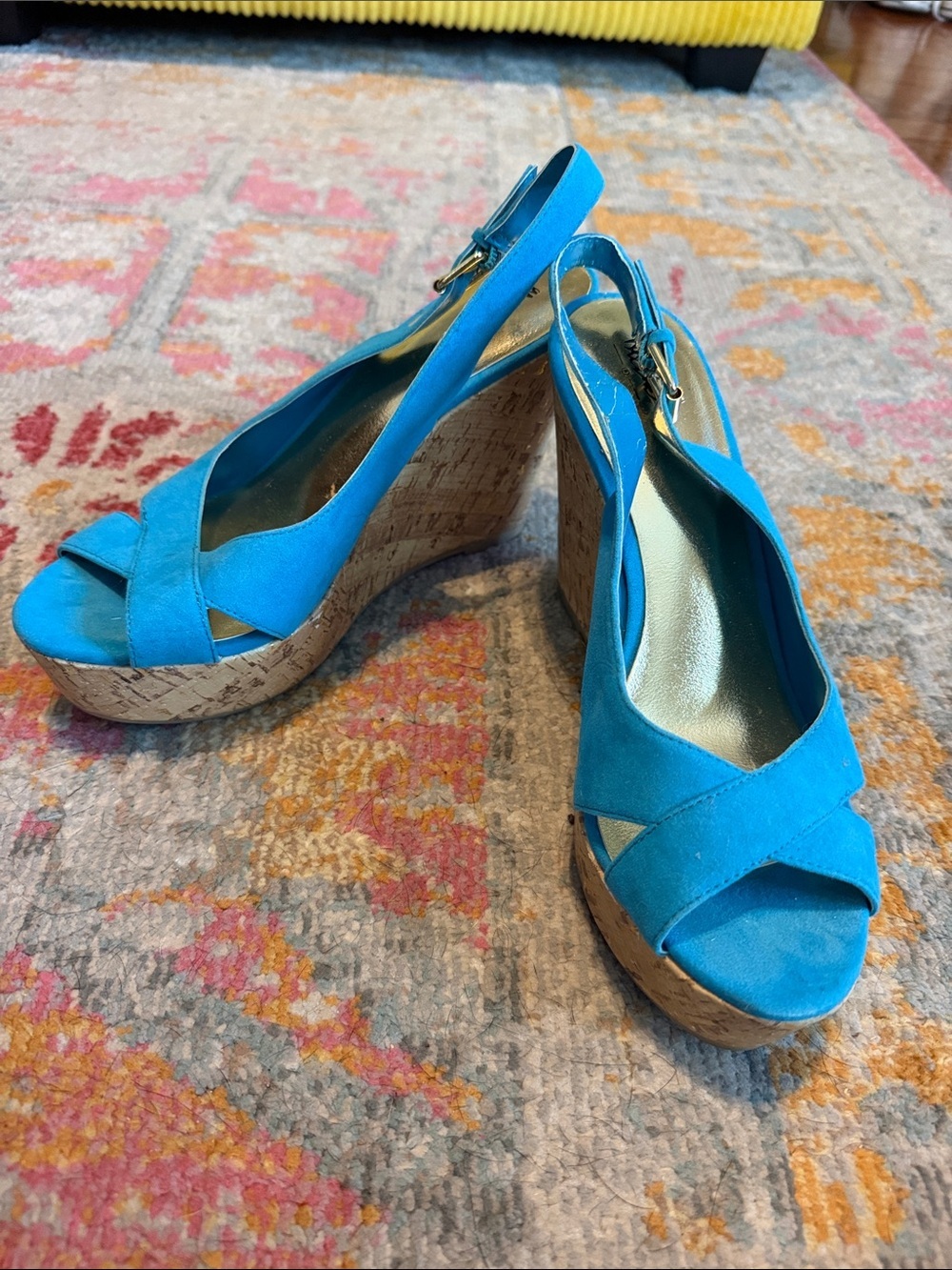 Turquoise Suede Cork Platform Wedge Slingbacks